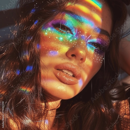 Portrait of a woman bathed in stained glass colors lights