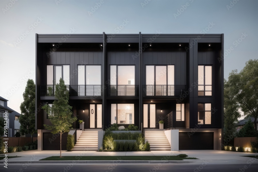 Residential architecture exterior home design of modern house with black private townhouse floor level Residential architecture exterior home design of modern house with black private townhouse floor level