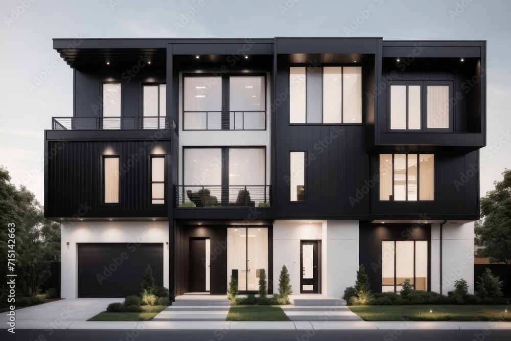 Residential architecture exterior home design of modern house with black private townhouse floor level Residential architecture exterior home design of modern house with black private townhouse floor level