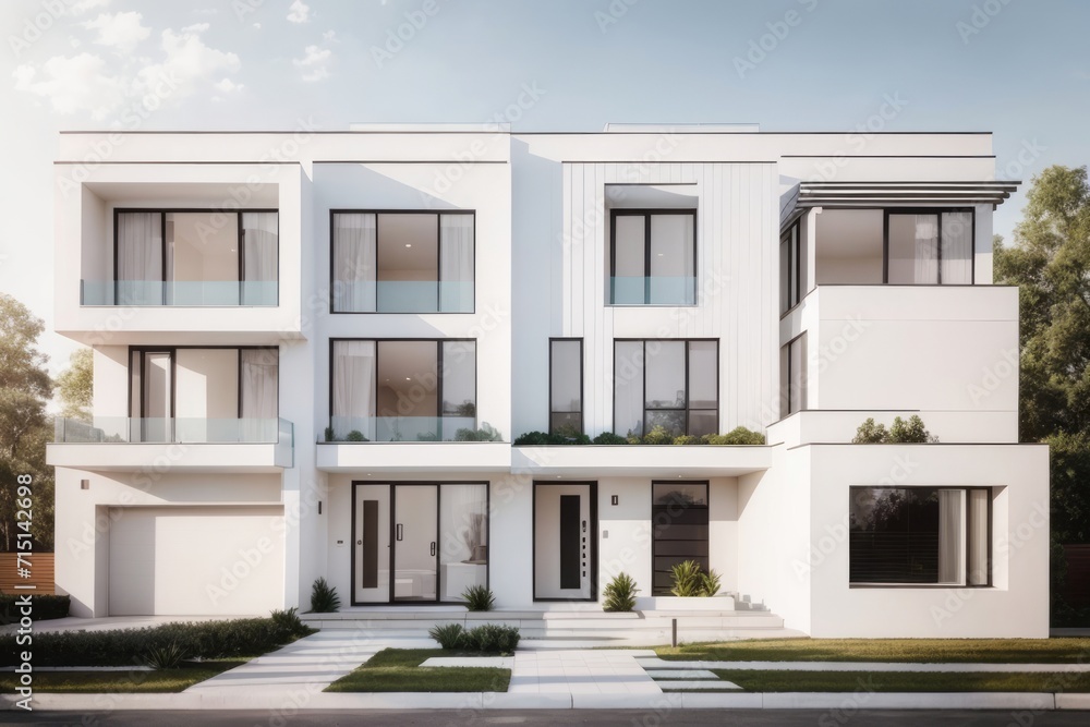 Residential architecture exterior home design of modern house with white private townhouse floor level Residential architecture exterior home design of modern house with white private townhouse floor level