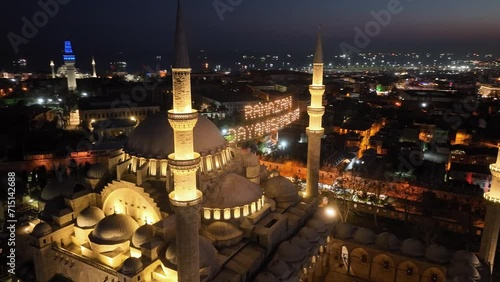 Ramadan Month Suleymaniye Mosque, Illuminated Letters Between Minarets (Mahya) Drone Video, Suleymaniye Fatih, Istanbul Turkiye (Turkey) photo