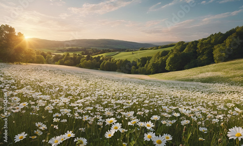 The landscape of white daisy blooms in a field