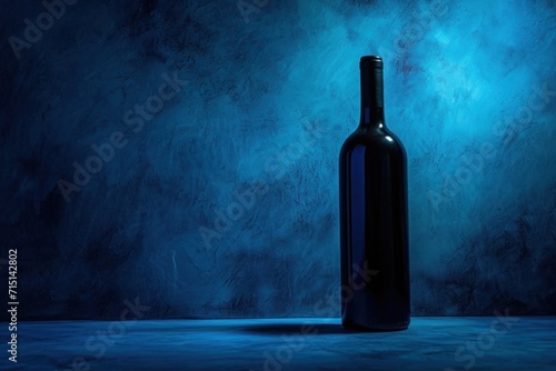 The dark silhouette of a wine bottle illuminated with a blue glow offers a boutique winery product's visual representation in a cellar selection