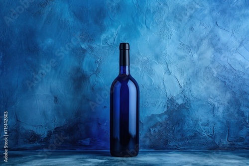 dark blue wine bottle on blue surface on blue background, on the blue textured background in the light