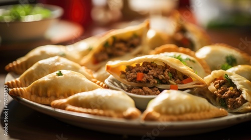 Closeup of a platter of bitesized empanadas, filled with a flavorful mix of meat and vegetables.