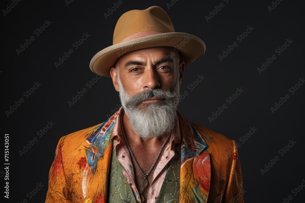 Portrait of an old man with a long white beard and mustache wearing a cowboy hat on a dark background Portrait of an old man with a long white beard and mustache wearing a cowboy hat on a dark background
