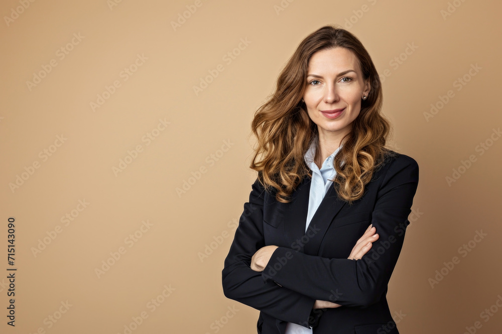 A captivating photo portrait: A smart businesswoman with crossed hands on brown background, exuding confidence, emphasizing professionalism and a dynamic presence. A captivating photo portrait: A smart businesswoman with crossed hands on brown background, exuding confidence, emphasizing professionalism and a dynamic presence.