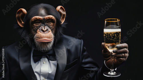 
ape wearing tuxedo suit holds out a champagne glass isolated on black background photo