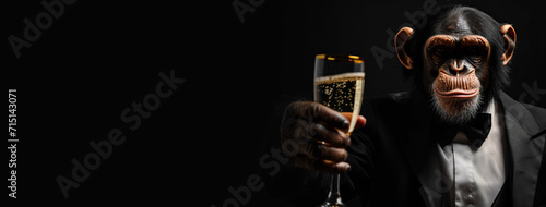  ape wearing tuxedo suit holds out a champagne glass isolated on black background