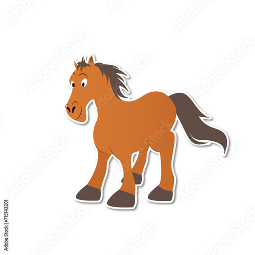 Vector drawing of a cute running horse. Cute brown horse sticker.