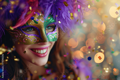 beautiful smiling girl wearing masquerade mask with feathers celebrating Mardi Gras carnival with blurred confetti all around