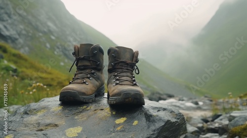 Comfortable hiking boots stand on a rock against backdate Ai Generative
