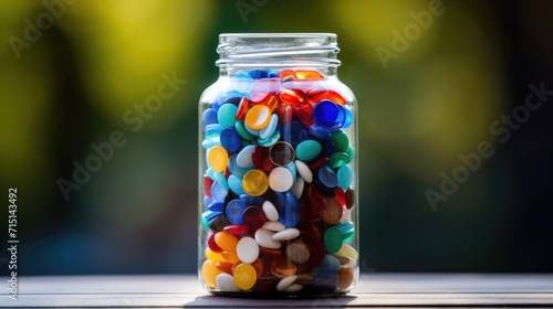 Closeup of a glass jar filled with colorful plastic bottle caps, illustrating just a small fraction of plastic waste.