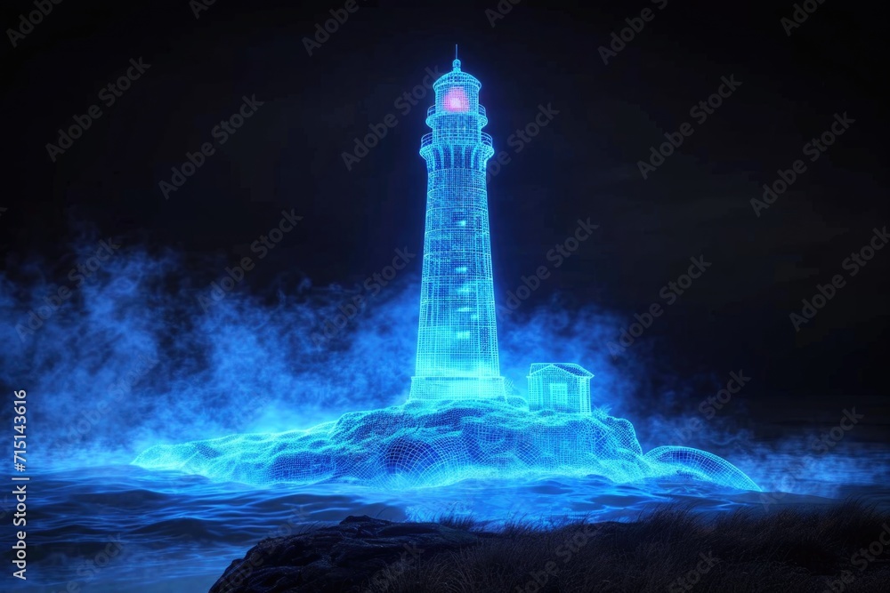 A light house on a rock in the middle of a body of water. Artificial glowing object, concept for a software visualization.