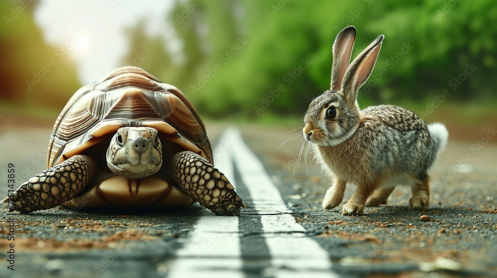 Obraz premium tortoise leading in a hare race in strategy and leadership concept