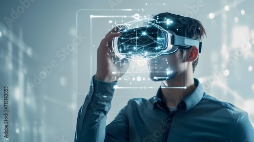 man in photo with the vr glasses. person holding virtual screen