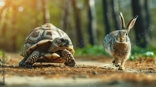 tortoise leading in a hare race in strategy and leadership concept photo