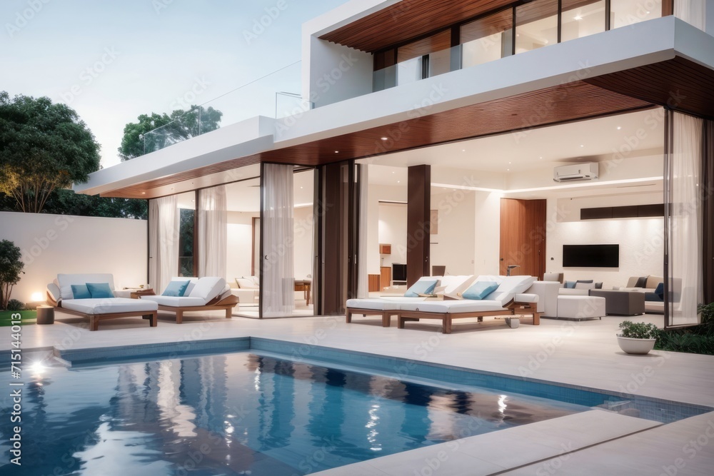 Fototapeta premium Residential architecture exterior home design of modern villa with pool and white wall
