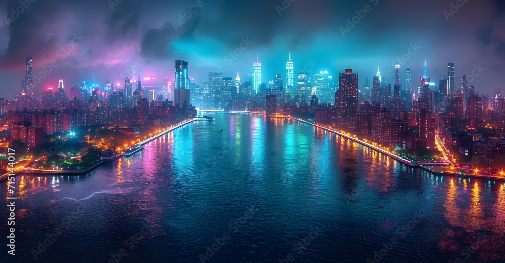 skyline of manhattan at night in the style. ight view of the city neon lights