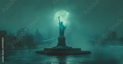 statue of liberty shining at night on a city photo