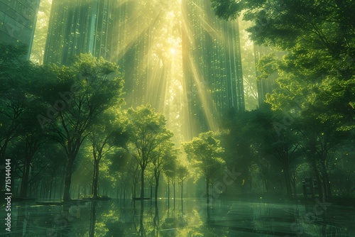 sun is shining down on a green building. sun rays through the forest