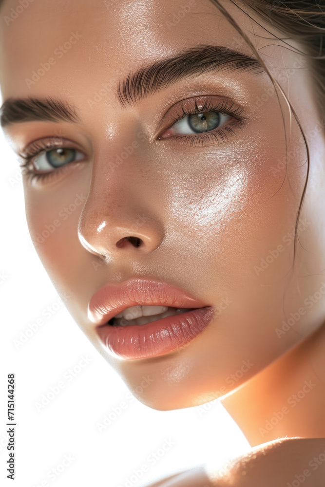 Close-up: Woman's face radiates natural beauty, healthy, clean skin. Flawless complexion adorned with minimal, natural makeup accentuates innate beauty isolated on white background. Close-up: Woman's face radiates natural beauty, healthy, clean skin. Flawless complexion adorned with minimal, natural makeup accentuates innate beauty isolated on white background.