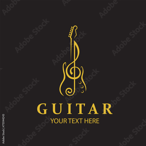 emblem of gold guitar with treble clef isolated on black background