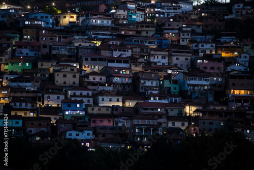 View of houses on the hill on the outskirts at night. Ouro Preto, Minas Gerais, Brazil