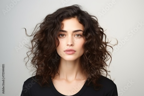 Portrait of a beautiful young brunette woman with long curly hair