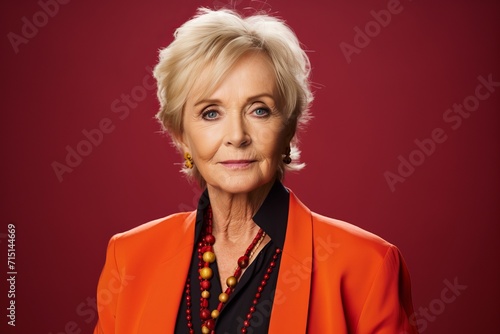 Portrait of senior woman in orange jacket, isolated on red background