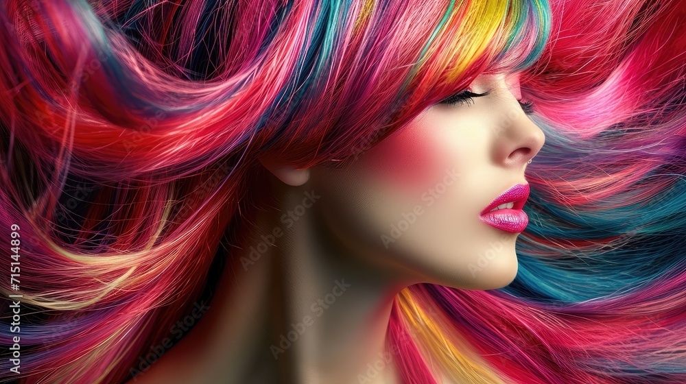 Naklejka premium Beautiful woman with multi-colored hair and creative make up and hairstyle. Beauty face.