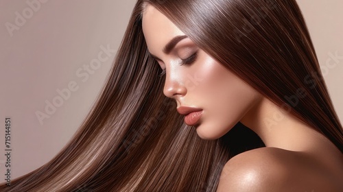 Beautiful model girl with shiny brown and straight long hair . Keratin straightening . Treatment, care and spa procedures. Smooth hairstyle