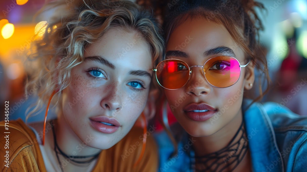 two students looking at the screen together. portrait of a couple in the nightclub neon two students looking at the screen together. portrait of a couple in the nightclub neon