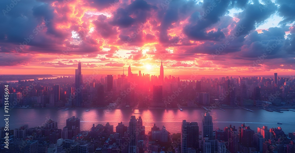 view of new york city skyline at sunset. sunset over the river