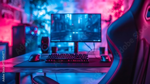 photography of a gamer room with colorful RGB LED, games and technology. video gaming in the living room