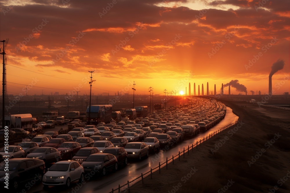 Urban traffic congestion during sunset. metropolis rush hour gridlock at highway junction
