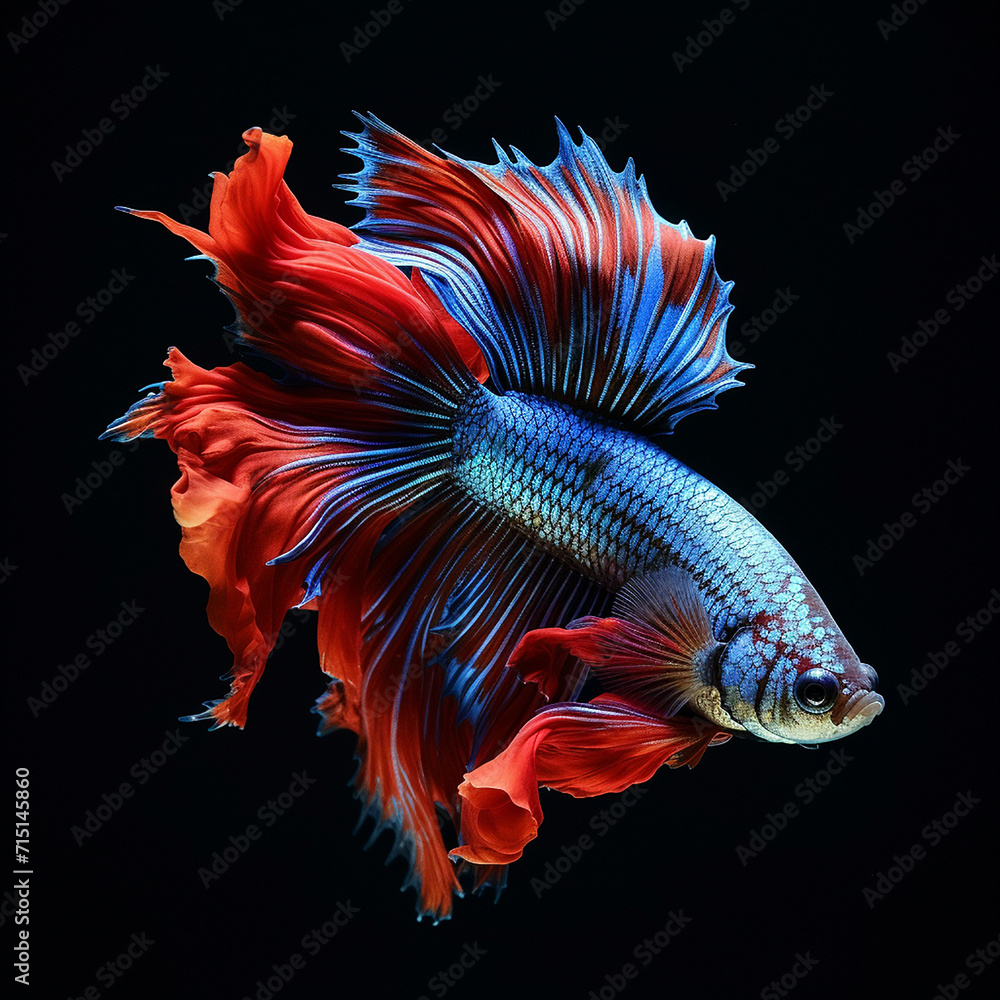 The moving moment beautiful of red half moon siamese betta fish or dumbo betta splendens fighting fish in thailand on black background
