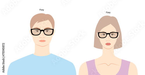 Foxy frame glasses on women and men flat character fashion accessory illustration. Sunglass front view unisex silhouette style, rim spectacles eyeglasses with lens outline isolated on white background