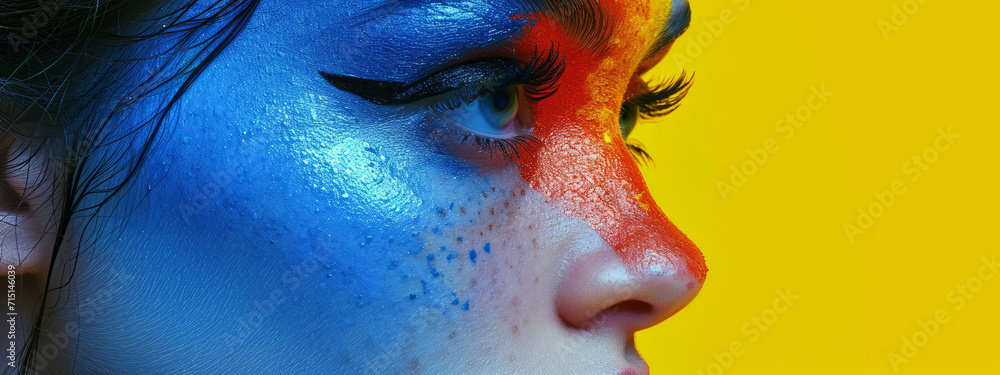 Close-Up Portrait of Person With Blue and Red Makeup