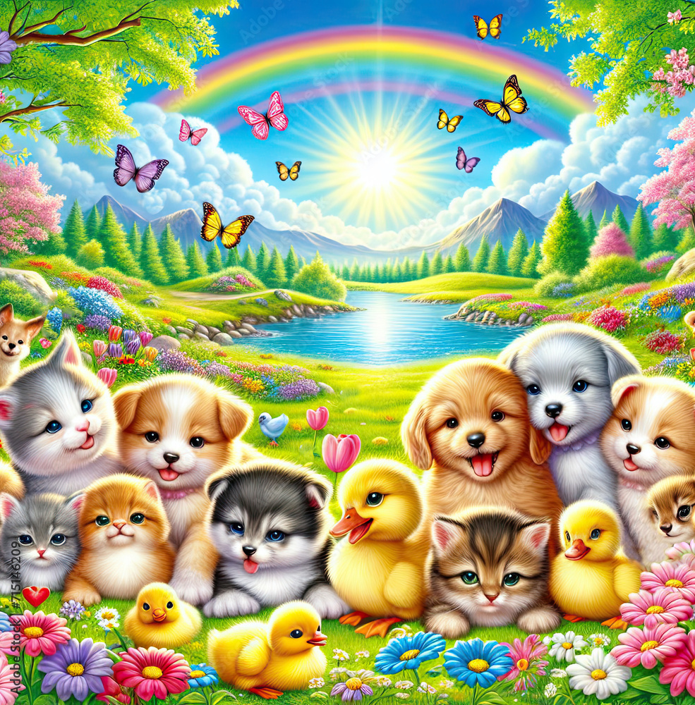 Very cute funny happy animals with butterflies and a rainbow for postcards, books,printouts Very cute funny happy animals with butterflies and a rainbow for postcards, books,printouts