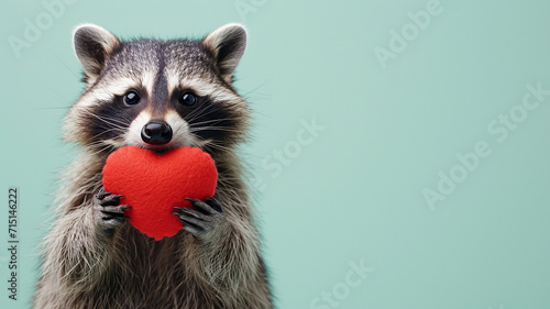 cute happy racoon placed a stuffed heart shape on the head isolated on pastel © Studio Art