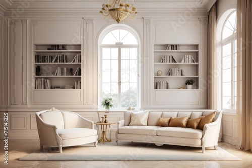 neoclassical interior home design of modern living room with white luxury sofa and bookshelves with elegant decoration on white wall