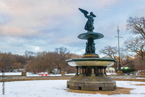 Bethesda angel fountain in New York Central park in winter