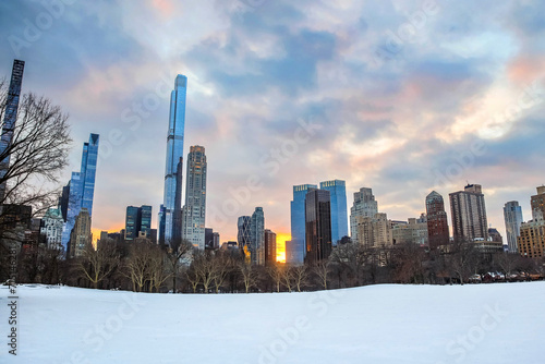 Winter view on Manhattan cityscape buildings at scenic sunset from Central Park