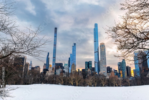 Winter view on Manhattan cityscape buildings at scenic sunset from Central Park