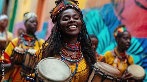 A woman in colorful clothing holding drums and smiling, AI photo