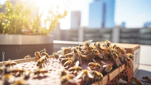 Detailed image of a branded beehive on a sunny urban rooftop, with bees coming in and out of the entrance.