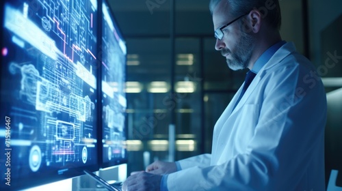 Tight shot of a doctor analyzing medical data shown on a hightech holographic display.