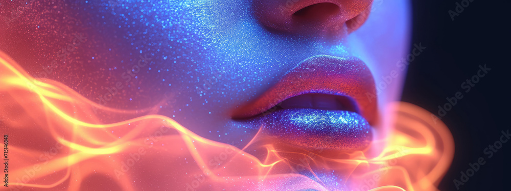 Close-Up of Womans Face With Bright Lights, Illuminating Beauty Close-Up of Womans Face With Bright Lights, Illuminating Beauty