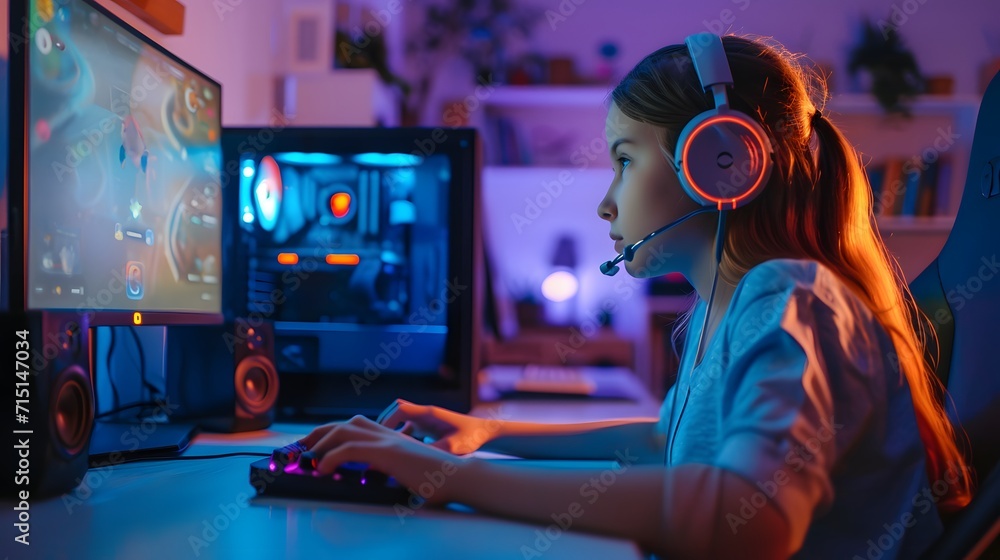 young woman is using computer in room at home. young girl playing computer game in computer room young woman is using computer in room at home. young girl playing computer game in computer room